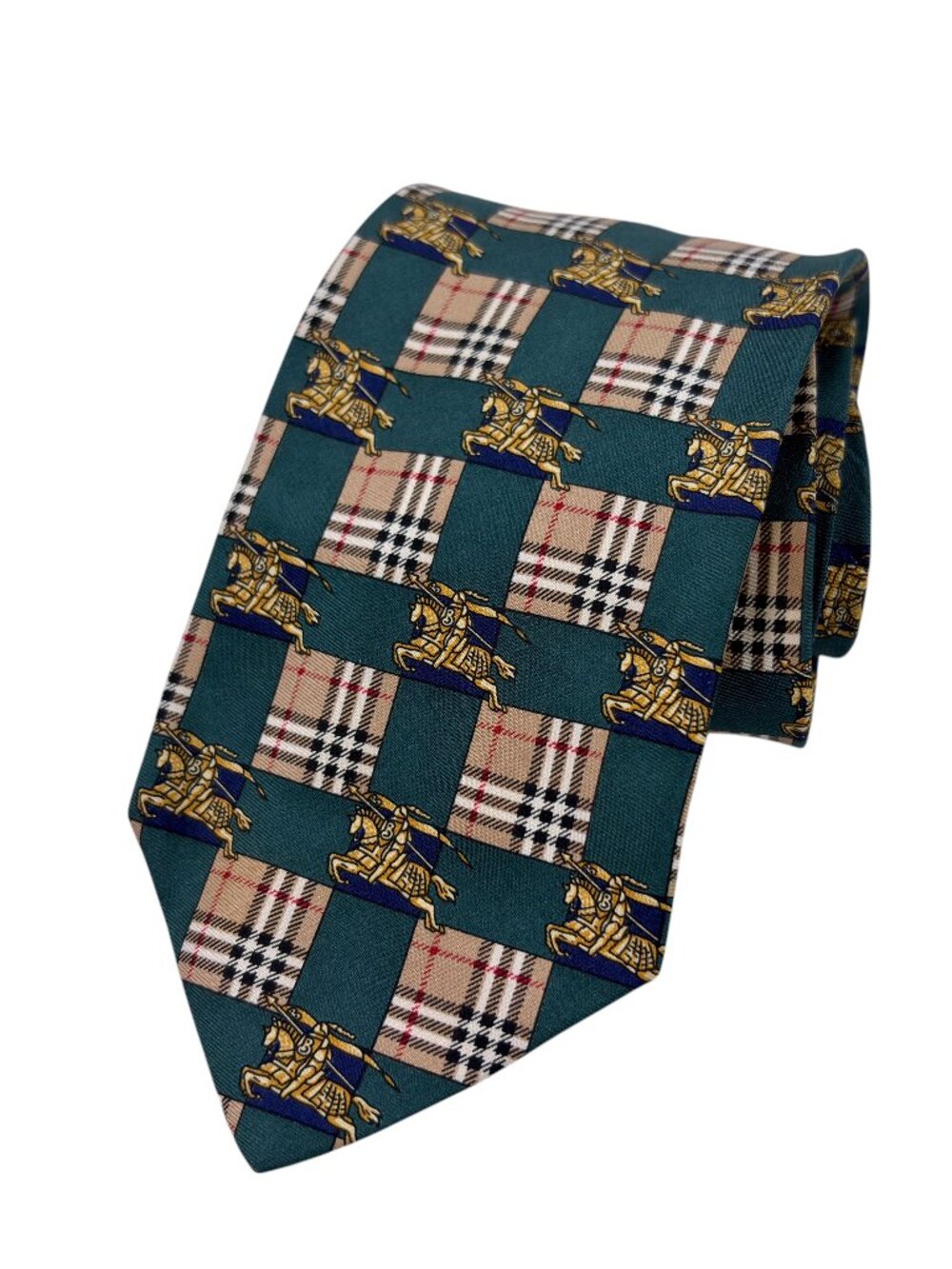 Vintage Burberrys Silk Tie Equestrian knight logo Nova Check Luxury Necktie
